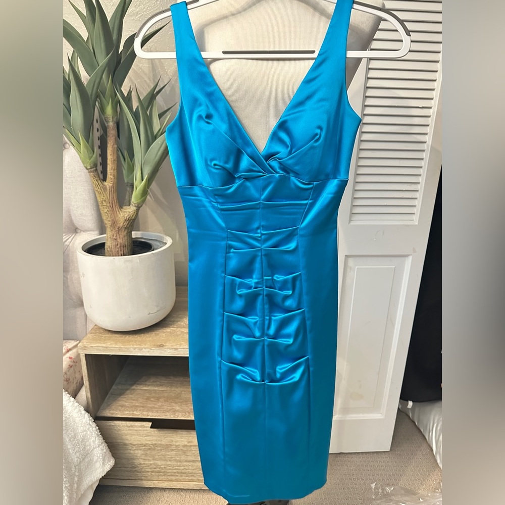Cache Turquoise Satin Bow Detail Cocktail Dress – Size 6
